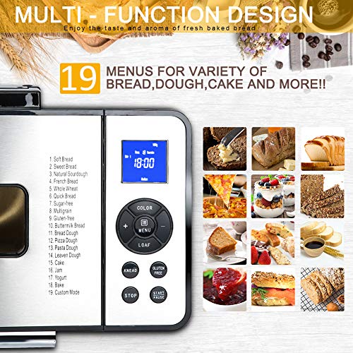 Secura Bread Maker Machine 2.2lb Stainless Steel Toaster Makers 650W Multi-Use Programmable 19 Menu Settings for Home Bakery (Silver)