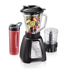 hamilton beach blender and food processor combo with auto programs for smoothie and ice crush, blend-in portable travel cup, 52oz glass jar & 3 cup food chopper, 950 watts, black (58242)