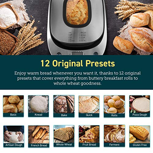 COSORI Bread Maker Machine with 50 Recipes, Gluten Free Function, 12 Presets, 30 Minutes Keep Warm, 13 Hours Delay Start, Accessories Included, 2LB, Gray