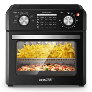 geek chef air fryer toaster oven with 100 online video recipes,10qt, 4 slice toast, countertop oven, warm, broil, toast, bake, air fry, oil-free, accessories included, black (black air fryer oven with 100 recipes)