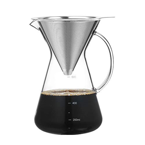 stlend Pour Over Coffee Maker Set-4 cup Borosilicate Glass Carafe with Reusable Stainless Steel Paperless Filter/Dripper, Manual Coffee Dripper for Home (21 oz/600 ml)