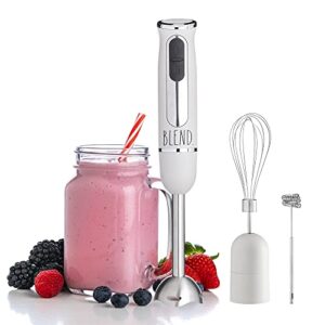 rae dunn immersion hand blender- handheld immersion blender with egg whisk and milk frother attachments, 2 speed blender, 500 watts, stainless steel blade (sand)