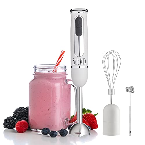 Rae Dunn Immersion Hand Blender- Handheld Immersion Blender with Egg Whisk and Milk Frother Attachments, 2 Speed Blender, 500 Watts, Stainless Steel Blade (Sand)