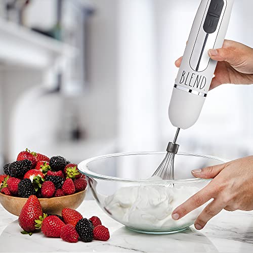 Rae Dunn Immersion Hand Blender- Handheld Immersion Blender with Egg Whisk and Milk Frother Attachments, 2 Speed Blender, 500 Watts, Stainless Steel Blade (Sand)