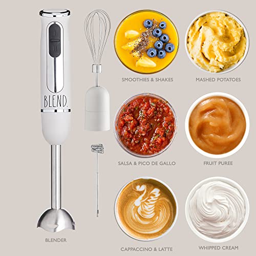 Rae Dunn Immersion Hand Blender- Handheld Immersion Blender with Egg Whisk and Milk Frother Attachments, 2 Speed Blender, 500 Watts, Stainless Steel Blade (Sand)