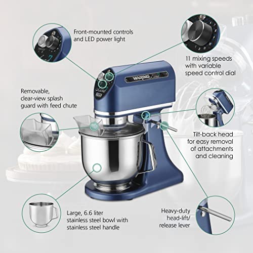 Waring Commercial Planetary 7 Quart Large Stand Mixer | Tilt Head | Countertop Chef Professional Restaurant Industrial Grade | Stainless Steel Bowl | Bakery Bread Dough | WSM7L | 1/2 HP 120V, Blue