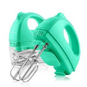ovente portable electric hand mixer 5 speed mixing, 150w powerful blender for baking & cooking with 2 stainless steel chrome beater attachments & snap clear case compact easy storage, turquoise hm161t