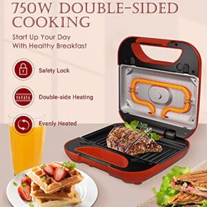 Omaiga Sandwich Maker 3 in 1, Waffle Maker, 750W Electric Panini Press Grill with Non-stick Removable Plates, Sandwich Press with LED Indicator Lights, Anti-Skid Feet, Portable Handle