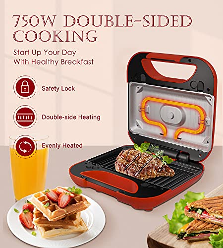 Omaiga Sandwich Maker 3 in 1, Waffle Maker, 750W Electric Panini Press Grill with Non-stick Removable Plates, Sandwich Press with LED Indicator Lights, Anti-Skid Feet, Portable Handle