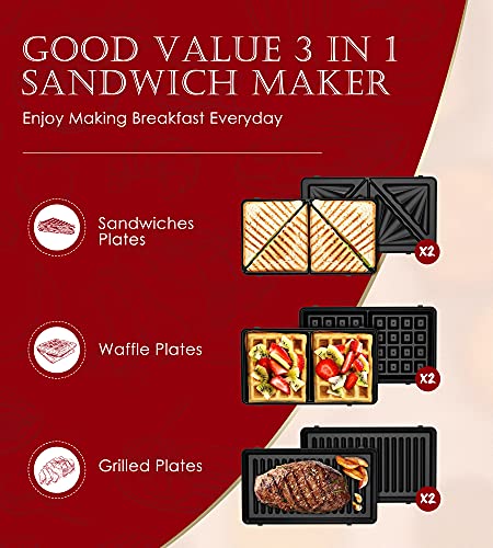 Omaiga Sandwich Maker 3 in 1, Waffle Maker, 750W Electric Panini Press Grill with Non-stick Removable Plates, Sandwich Press with LED Indicator Lights, Anti-Skid Feet, Portable Handle