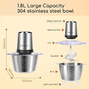 Aigostar 8-Cup Food Processor, Electric Food Chopper with 1.8L Stainless Steel Bowl for Garlic, Meat, Vegetables, Fruits and Nuts, Onion Chopper for Dicing, Mincing, and Puree, 300W(1)