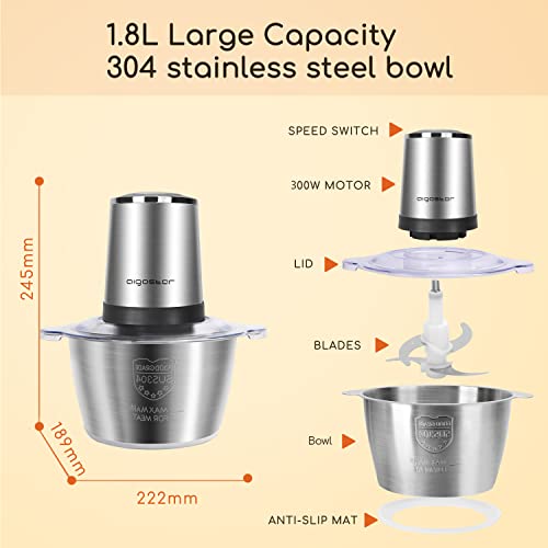 Aigostar 8-Cup Food Processor, Electric Food Chopper with 1.8L Stainless Steel Bowl for Garlic, Meat, Vegetables, Fruits and Nuts, Onion Chopper for Dicing, Mincing, and Puree, 300W(1)