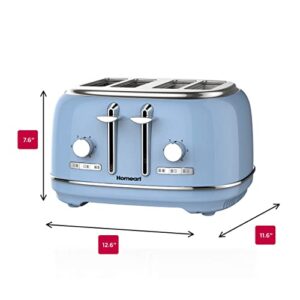 Homeart Alyssa 4-Slice Retro Toaster - Stainless Steel With Removable Crumb Tray, Adjustable Browning Control With Multiple Settings to Cancel, Defrost and Bagel - 1500W, Powder Blue
