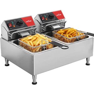 CROSSON ETL Listed Dual Tank 26Lbs Electric Countertop Deep Fryer with Easy-assembling Solid Basket ,Removable Oil Container,Height Adjustable Leg and Lid for Restaurant Home Use-120V,3600W Stainless Steel Commercial Deep Fryer