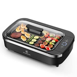 Smokeless Indoor Grill-Electric Grill with Tempered Glass Lid, Removable Nonstick Grill Plate, 15" x 9" Surface,Turbo Smoke Extractor Technology, LED Smart Temperature Control, Anti-slip Base,1500W,Black.
