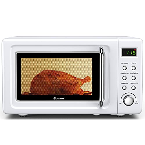 COSTWAY Retro Countertop Microwave Oven, 0.7Cu.ft, 700-Watt, High Energy Efficiency, 5 Micro Power, Delayed Start Function, with Glass Turntable & Viewing Window, LED Display, Child Lock (White)