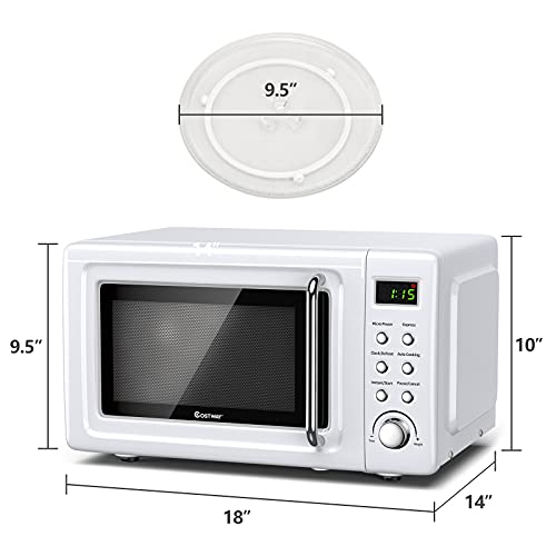 COSTWAY Retro Countertop Microwave Oven, 0.7Cu.ft, 700-Watt, High Energy Efficiency, 5 Micro Power, Delayed Start Function, with Glass Turntable & Viewing Window, LED Display, Child Lock (White)