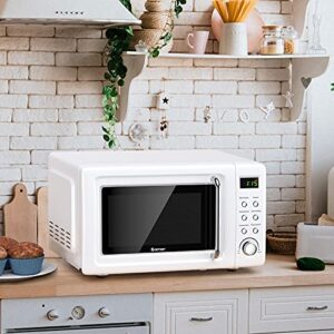 COSTWAY Retro Countertop Microwave Oven, 0.7Cu.ft, 700-Watt, High Energy Efficiency, 5 Micro Power, Delayed Start Function, with Glass Turntable & Viewing Window, LED Display, Child Lock (White)