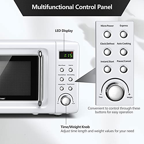 COSTWAY Retro Countertop Microwave Oven, 0.7Cu.ft, 700-Watt, High Energy Efficiency, 5 Micro Power, Delayed Start Function, with Glass Turntable & Viewing Window, LED Display, Child Lock (White)