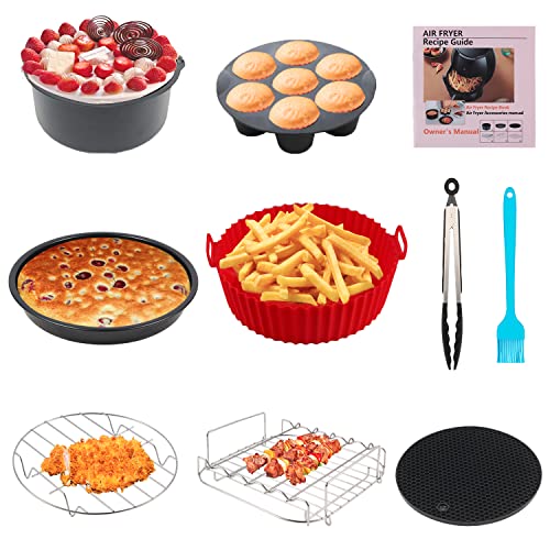 8 Inch Air Fryer Accessories, XL Set of 10 For Gowise USA Phillips Ninjia Cosori Cozyna 4.2QT 5.3QT 5.5QT 5.8QT Deep Air Fryer, With Recipes Cookbook and Reusable Silicone Pot, for Oven Microwave