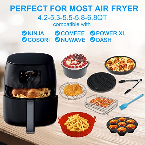 8 Inch Air Fryer Accessories, XL Set of 10 For Gowise USA Phillips Ninjia Cosori Cozyna 4.2QT 5.3QT 5.5QT 5.8QT Deep Air Fryer, With Recipes Cookbook and Reusable Silicone Pot, for Oven Microwave