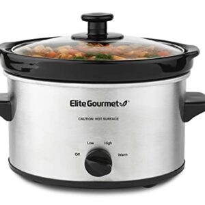 Elite Gourmet MST-275XS# Electric Oval Slow Cooker, Adjustable Temp, Entrees, Sauces, Stews & Dips, Dishwasher Safe Glass Lid & Crock (2 Quart, Stainless Steel)