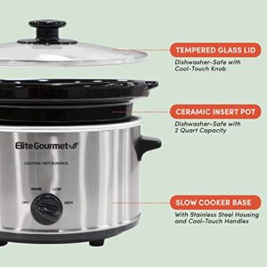 Elite Gourmet MST-275XS# Electric Oval Slow Cooker, Adjustable Temp, Entrees, Sauces, Stews & Dips, Dishwasher Safe Glass Lid & Crock (2 Quart, Stainless Steel)