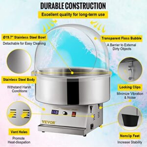 VEVOR Electric Cotton Candy Machine, 19.7-inch Stainless Steel Bowl, 1050W Candy Floss Maker with 338-482℉ Adjustable Temperature, Cover and Sugar Scoop Included, Perfect for Family Party, Silver