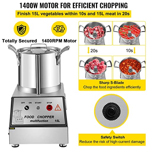 VBENLEM 110V Commercial Food Processor 15L Stainless Steel Grain Grinder 1400W Electric Food Grinder Cutter Mixer Perfect for Meat or Vegetable Stuffing, Fruit or Peanut Jam, Grain Powder