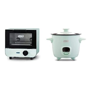 dash dmto100gbaq04 mini toaster oven cooker for bread, bagels, aqua & drcm200gbaq04 mini rice cooker steamer with removable nonstick pot, keep warm function & recipe guide, aqua