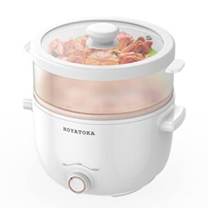 hoyatoka electric hot pot, 2l portable non-stick electric cooker with steamer, multifunction mini electric pot ramen cooker for sauté, stir fry, steak, eggs, oatmeal, ramen, soup, electric skillet with dual power control for dorm and office, white