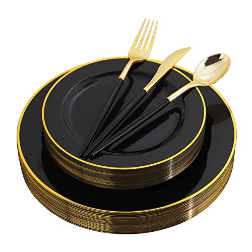 WELLIFE 120 PCS Black Plastic Plates with Gold Rim, Gold Disposable Cutlery with Black Handle, Black Plastic Dinnerware, Includes 24 Dinner Plates, 24 Dessert Plates, 96 Black Gold Cutlery