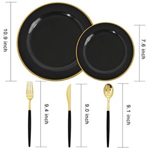 WELLIFE 120 PCS Black Plastic Plates with Gold Rim, Gold Disposable Cutlery with Black Handle, Black Plastic Dinnerware, Includes 24 Dinner Plates, 24 Dessert Plates, 96 Black Gold Cutlery