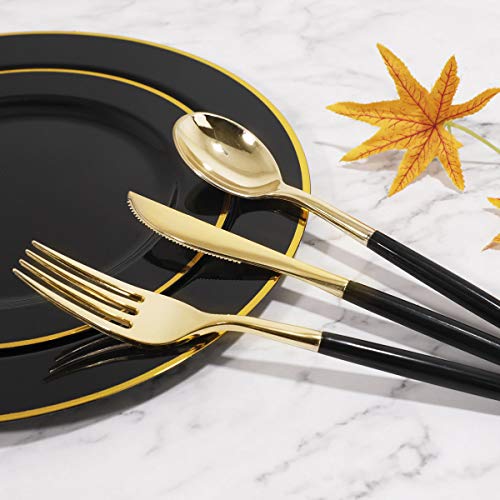 WELLIFE 120 PCS Black Plastic Plates with Gold Rim, Gold Disposable Cutlery with Black Handle, Black Plastic Dinnerware, Includes 24 Dinner Plates, 24 Dessert Plates, 96 Black Gold Cutlery