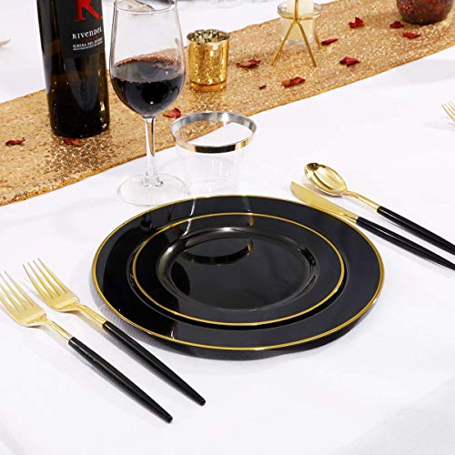 WELLIFE 120 PCS Black Plastic Plates with Gold Rim, Gold Disposable Cutlery with Black Handle, Black Plastic Dinnerware, Includes 24 Dinner Plates, 24 Dessert Plates, 96 Black Gold Cutlery