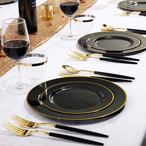 WELLIFE 120 PCS Black Plastic Plates with Gold Rim, Gold Disposable Cutlery with Black Handle, Black Plastic Dinnerware, Includes 24 Dinner Plates, 24 Dessert Plates, 96 Black Gold Cutlery