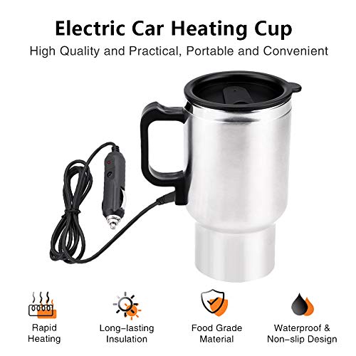 12V 450ml Electric Car Cup Travel Heating Cup,Stainless Steel Electric Insulated Plug Kettles Boiling Car Coffee Mug Heater with Cigarette Lighter,