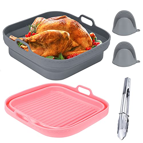 SelfTek 2Set Air Fryer Silicone Liners Pot Square, Reusable Air Fryer Basket Fit for 8QT 6QT, Foldable Baking Tray with Oven Mitts & Serving Tongs (3.8-9.5Qt)