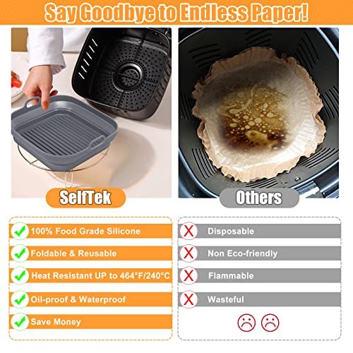 SelfTek 2Set Air Fryer Silicone Liners Pot Square, Reusable Air Fryer Basket Fit for 8QT 6QT, Foldable Baking Tray with Oven Mitts & Serving Tongs (3.8-9.5Qt)