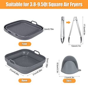 SelfTek 2Set Air Fryer Silicone Liners Pot Square, Reusable Air Fryer Basket Fit for 8QT 6QT, Foldable Baking Tray with Oven Mitts & Serving Tongs (3.8-9.5Qt)