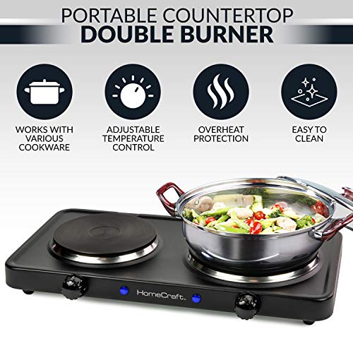 HomeCraft HCDB15BK Portable Countertop Double Burner Hot Plate Electric Cooktop 1500-Watts, Adjustable Temperature Control, Black