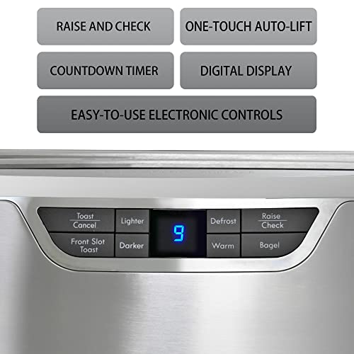 Kenmore Elite 4-Slice Long Slot Toaster Silver, One-Touch Auto-Lift, Stainless Steel, Adjustable Browning, Defrost, Digital Countdown Timer, Retractable Cord, Toast, Bagels, Waffles, English Muffins