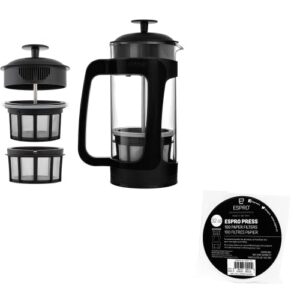 espro p3 french press – double micro-filtered coffee and tea maker, 32 ounce, black 100 count coffee paper filters