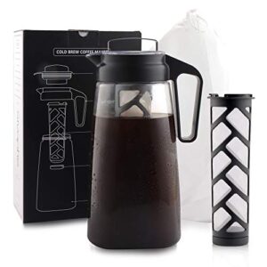 Sivaphe 2 Quart Cold Brewer Coffee Maker Deluxe Patented Manual Iced Loose-Tea Method 64oz Leak Proof Coffee Pitcher with 2 Removable Finish-Mesh Filters