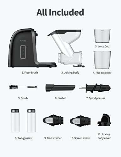 Kalado Slow Juicer Machines Vegetable and Fruit, 3”Extra Large Chute with Quiet Motor & Reverse Function, Cold Press Juicer 200W Power, BPA-Free & 2 Heat-Resistant Glasses in Jet Black