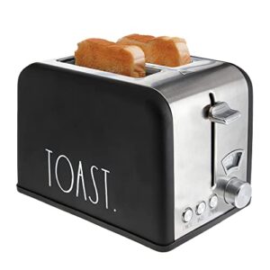 rae dunn toaster, stainless steel 2 slice square toaster, wide slot with 5 browning levels, with bagel, defrost and cancel options (black)
