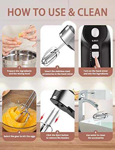 Hand Mixer Electric 5-Speed Handheld Kitchen Mixer for Cake, Egg White, Yeast Dough, Include 5 Stainless Steel Accessories, (2 Beaters, 2 Dough Hooks & 1 Whisk), with Eject/ Turbo Function, 450W Peak