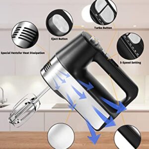 Hand Mixer Electric 5-Speed Handheld Kitchen Mixer for Cake, Egg White, Yeast Dough, Include 5 Stainless Steel Accessories, (2 Beaters, 2 Dough Hooks & 1 Whisk), with Eject/ Turbo Function, 450W Peak