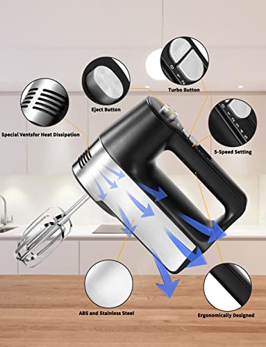 Hand Mixer Electric 5-Speed Handheld Kitchen Mixer for Cake, Egg White, Yeast Dough, Include 5 Stainless Steel Accessories, (2 Beaters, 2 Dough Hooks & 1 Whisk), with Eject/ Turbo Function, 450W Peak