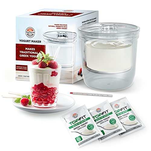 TopTherm Yogurt Maker - All you Need For Probiotic Plain & Greek Yogurt Maker- Fresh Homemade Yogurt- Probiotic Starter Culture, Container, Basket, Strainer, Temperature C- Non-BPA Plastic - Gut Support Starter